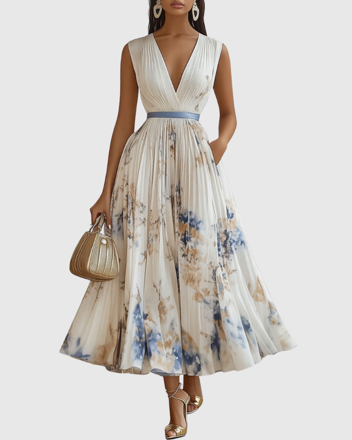 Front view of model wearing flowy midi dress plain background