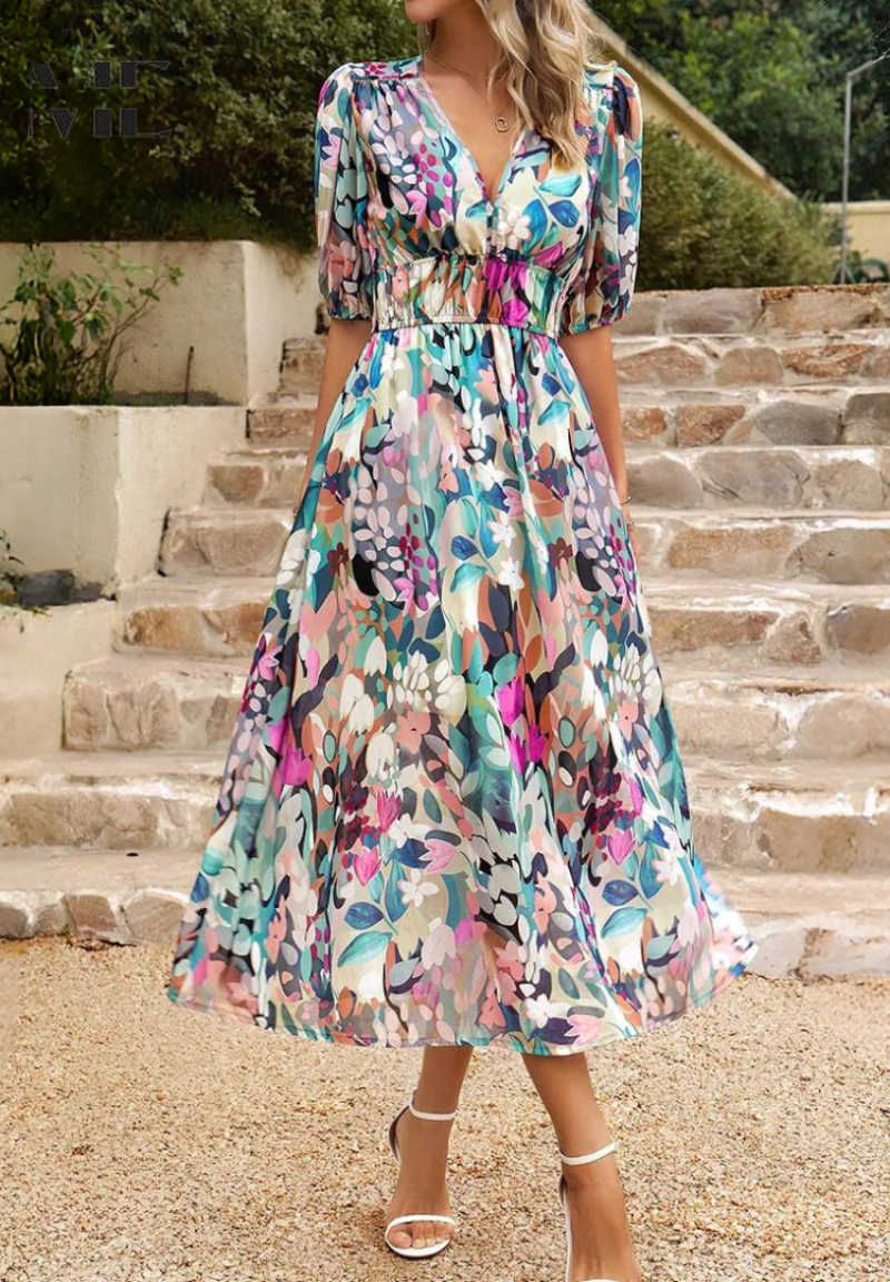 Floral midi dress for women shown on a woman model against a plain background.