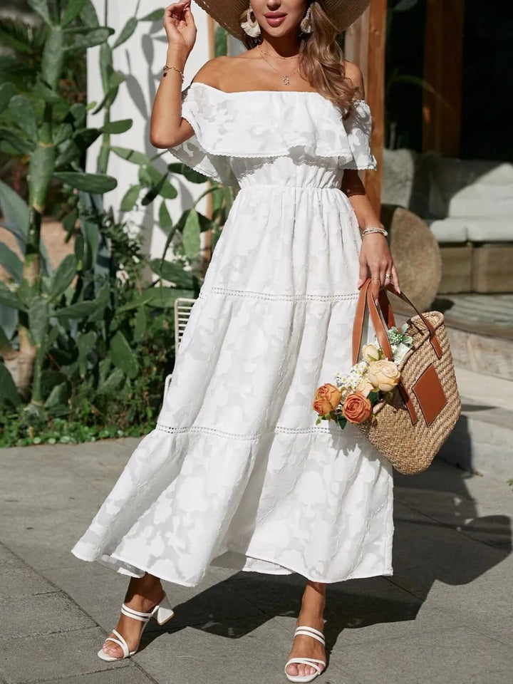 Hyacelle | Flattering Tiered Off Shoulder Maxi Wedding Guest Dress