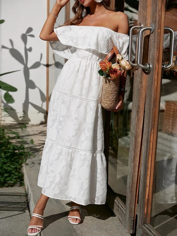 Hyacelle | Flattering Tiered Off Shoulder Maxi Wedding Guest Dress