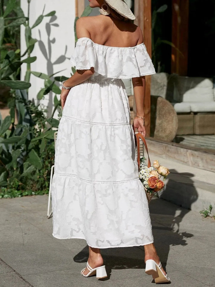 Hyacelle | Flattering Tiered Off Shoulder Maxi Wedding Guest Dress