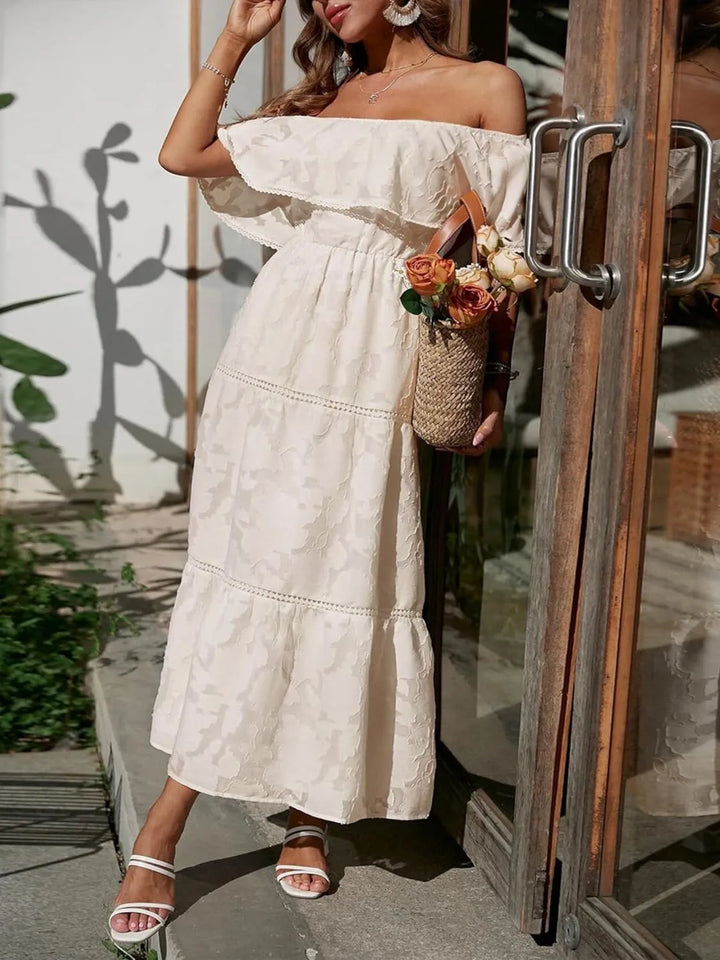 Hyacelle | Flattering Tiered Off Shoulder Maxi Wedding Guest Dress