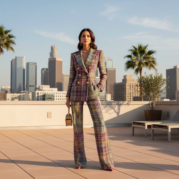 Wrenaria | Women's Plaid Double Breasted Blazer & Wide Leg Pants Set