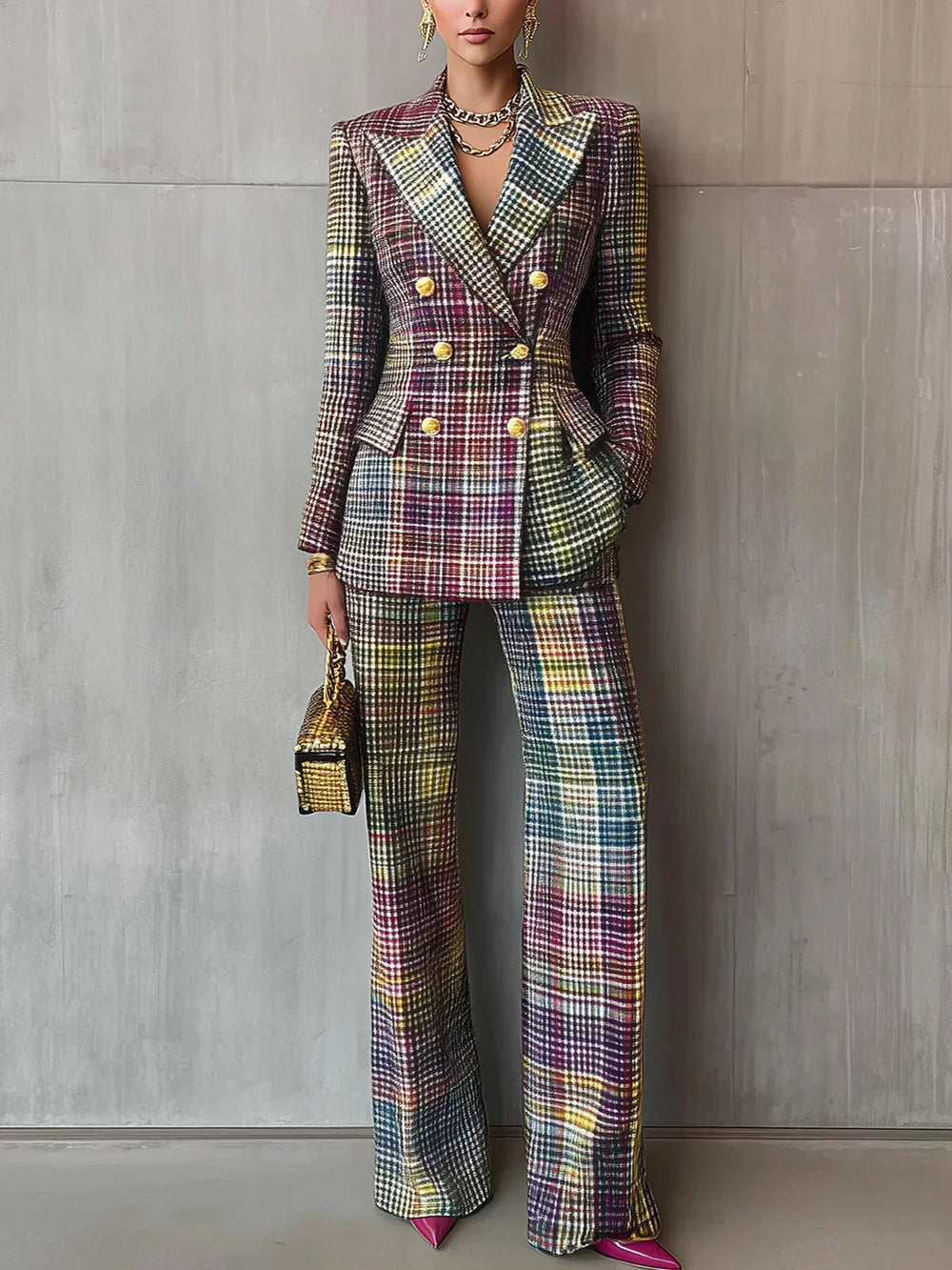 Wrenaria | Women's Plaid Double Breasted Blazer & Wide Leg Pants Set
