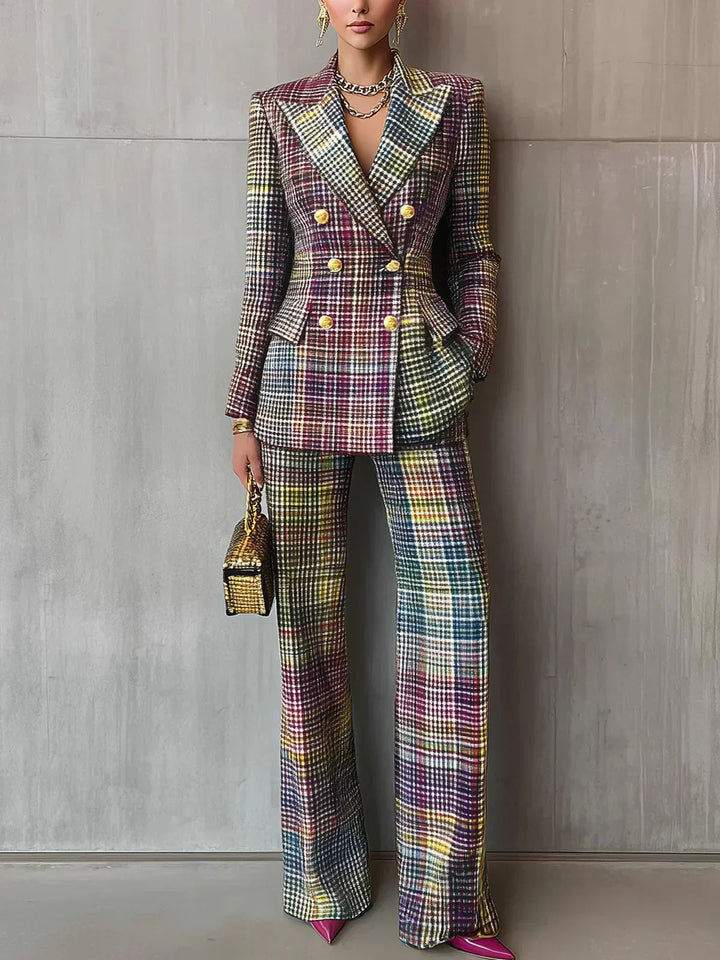 Wrenaria | Women's Plaid Double Breasted Blazer & Wide Leg Pants Set