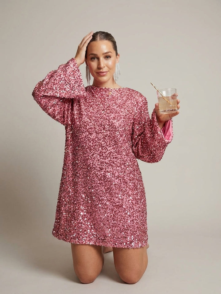 Wrenstine | Women's Elegant Sequin Dress with Bow for — Pink