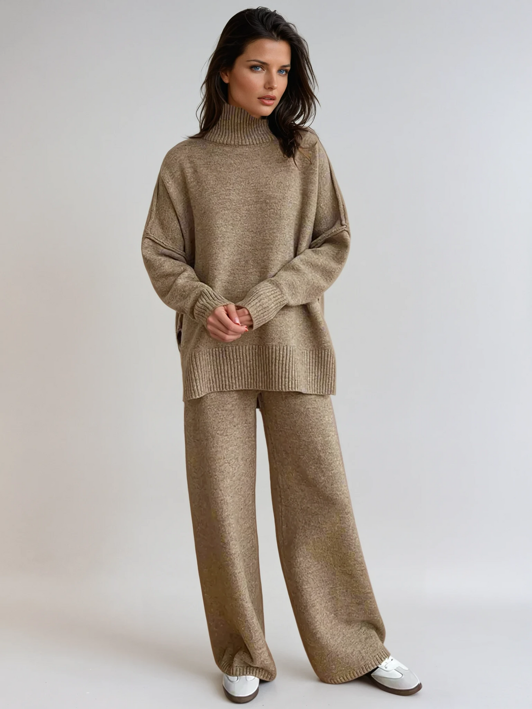 Wynvanne | Women's Cozy Knit Turtleneck Lounge Set — Beige