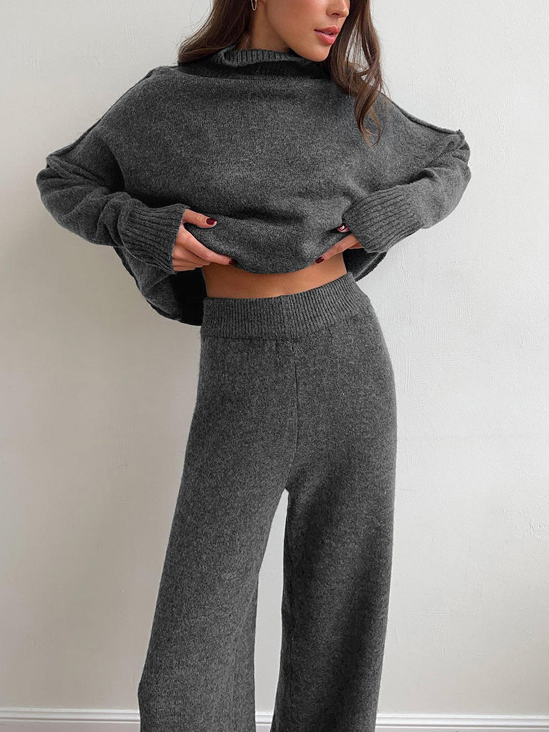 Wynvanne | Women's Cozy Knit Turtleneck Lounge Set — Grey