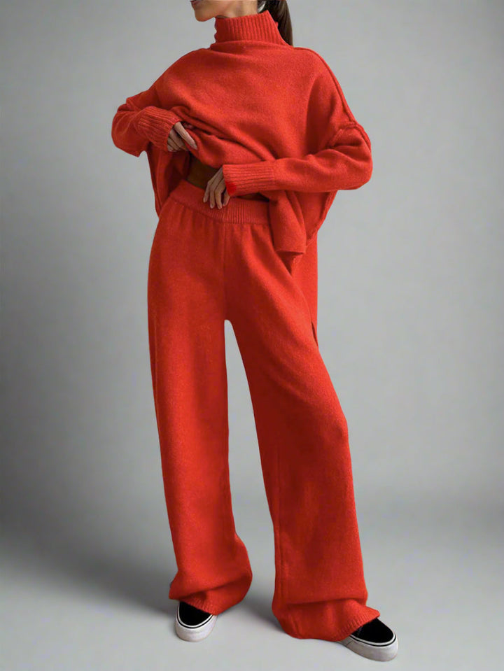 Wynvanne | Women's Cozy Knit Turtleneck Lounge Set — Red