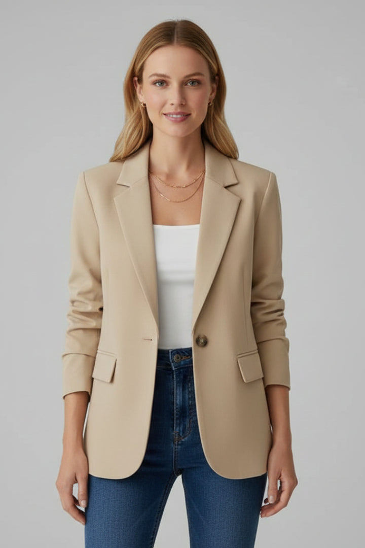 Xenia | Women's Tailored Single-Button Long Sleeve Blazer with Notched Lapel — Beige