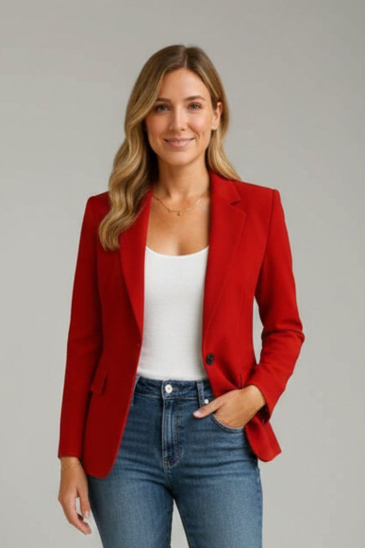 Xenia | Women's Tailored Single-Button Long Sleeve Blazer with Notched Lapel — Red