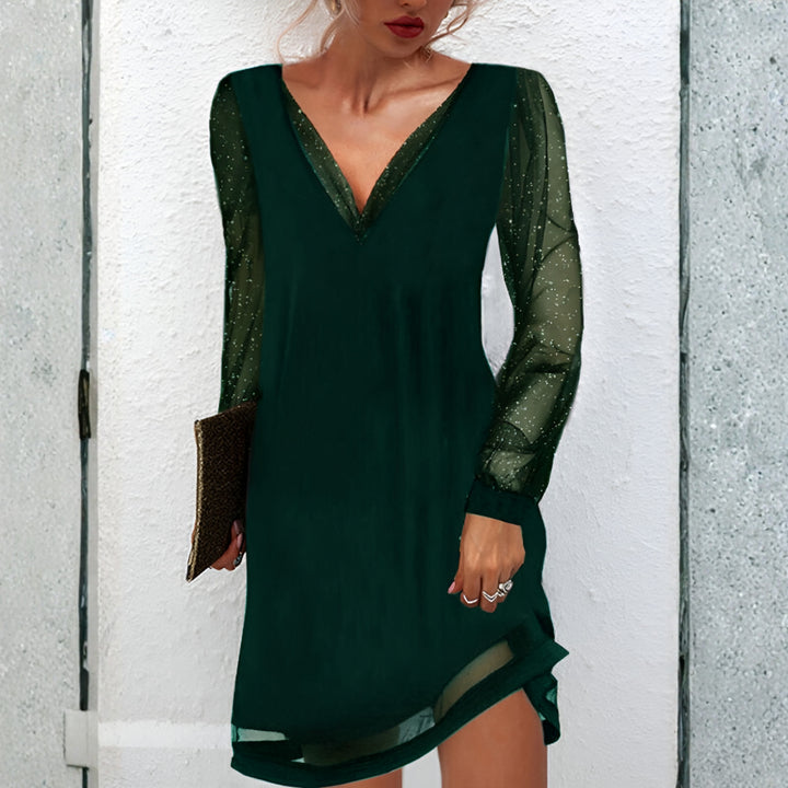 Yaraessa | Women's Wedding Guest Elegant V-Neck Sheer Sleeve Mini Dress Dresses — Green