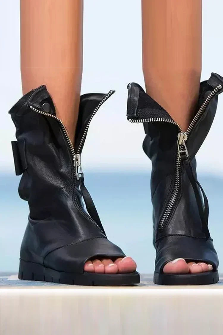 Yaraynn | Women's Open Toe Front Zip Flat Ankle Boots