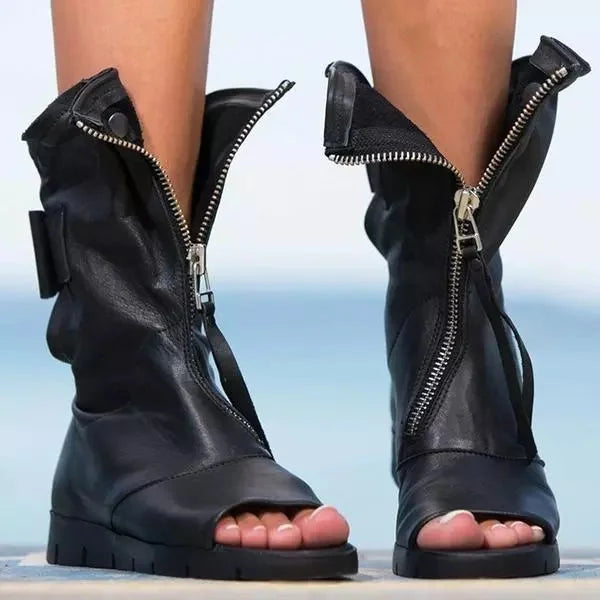 Yaraynn | Women's Open Toe Front Zip Flat Ankle Boots