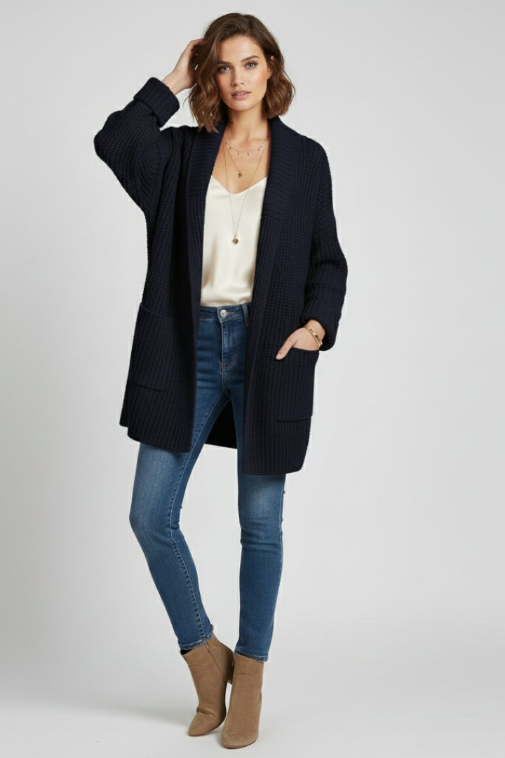 Ysoldesia | Women's Cozy Shawl Collar Longline Cardigan — Black