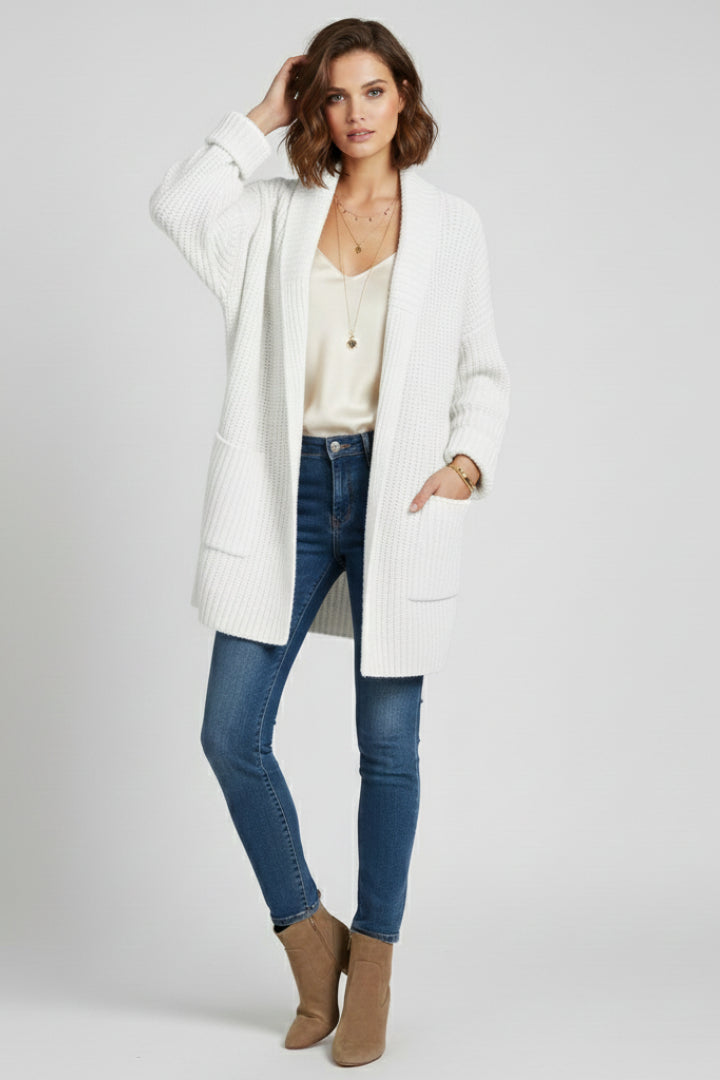Ysoldesia | Women's Cozy Shawl Collar Longline Cardigan — White