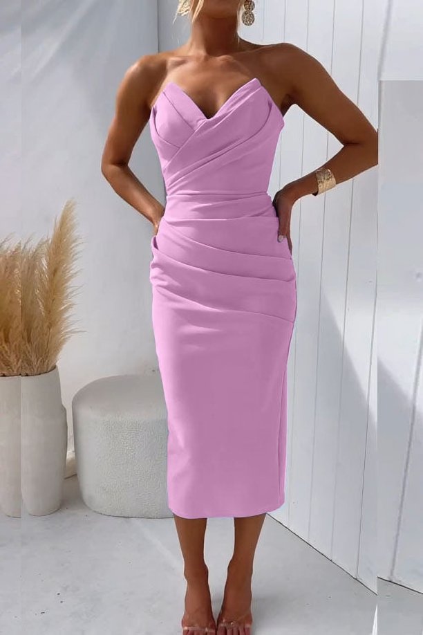 Yvette | Women's Elegant Strapless Midi Wedding Guest Dress with Draped Bodice Dresses — Pink