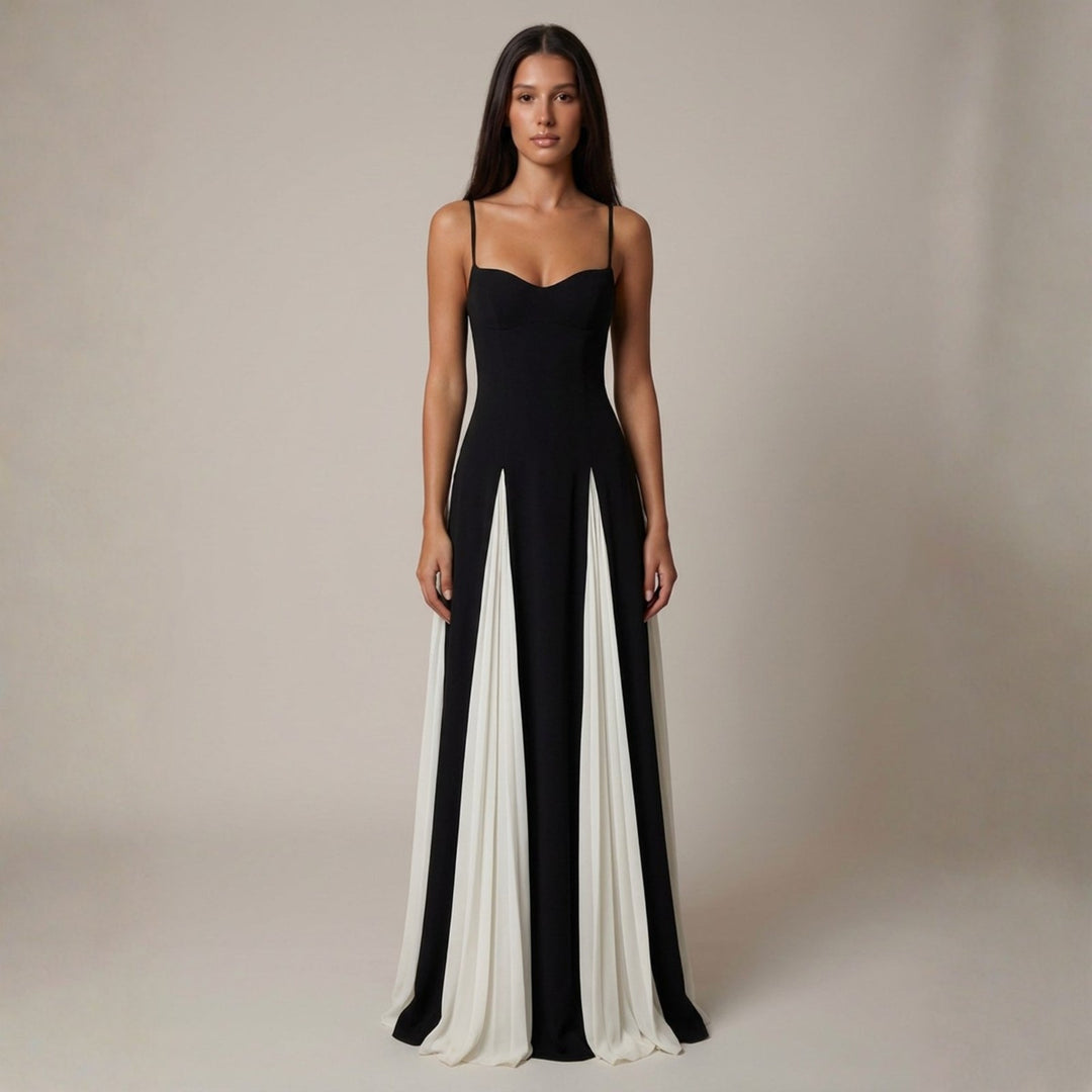 Zara | Women's Wedding Guest Elegant The Atlas Contrast Panel Maxi Dress Dresses — White/Black