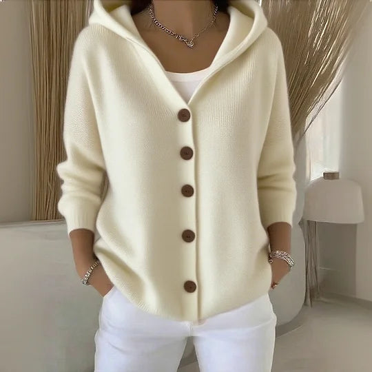 Zillaanthe | Women's Cozy Knit Cardigan with Hood and Button Front Sweaters — Beige