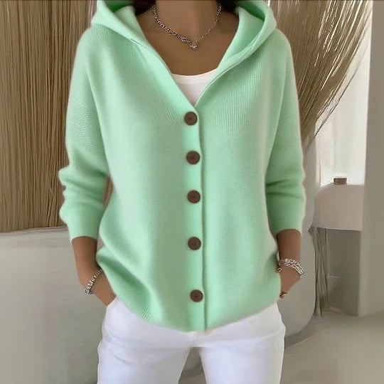 Zillaanthe | Women's Cozy Knit Cardigan with Hood and Button Front Sweaters — Green