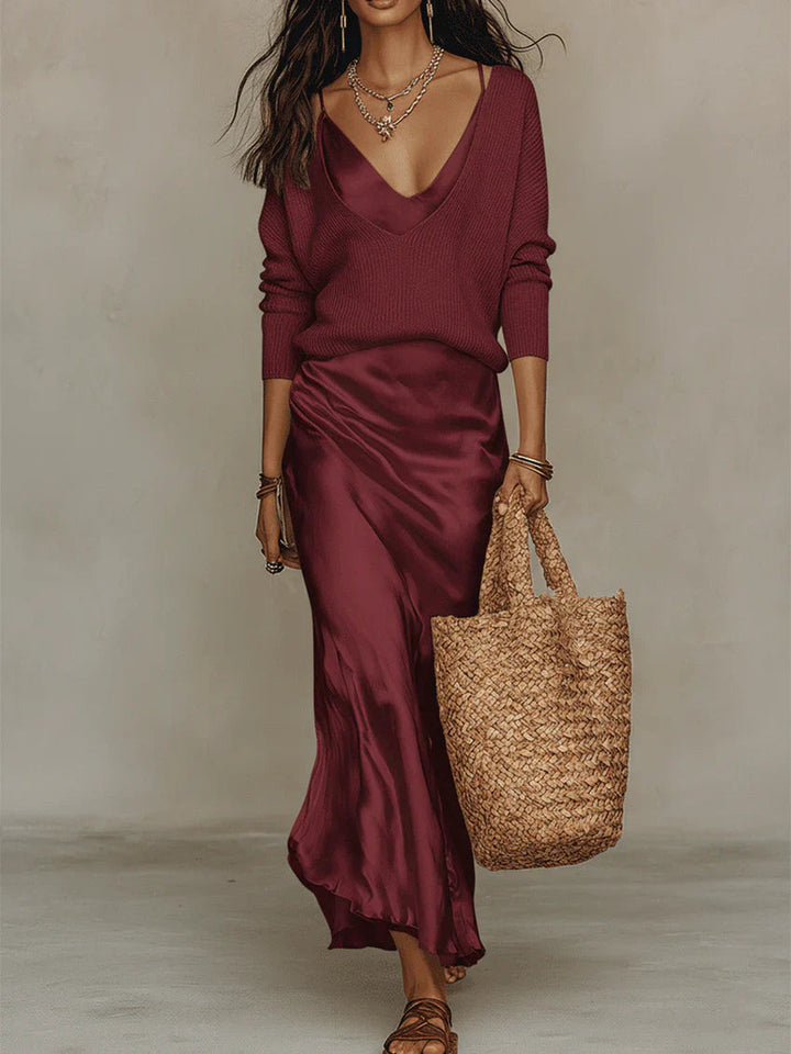 Zillaara | Women's Cozy Satin Maxi Dress and Knit Sweater Set — Red