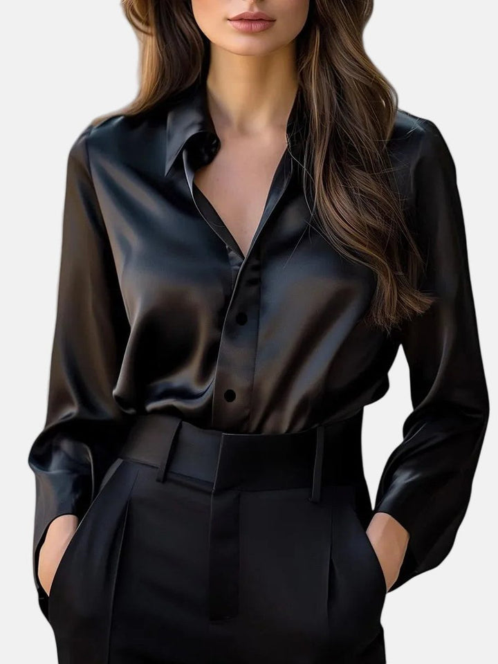 Zillaphine | Women's Linen Casual Satin Blouse, Button-Down Front — Black