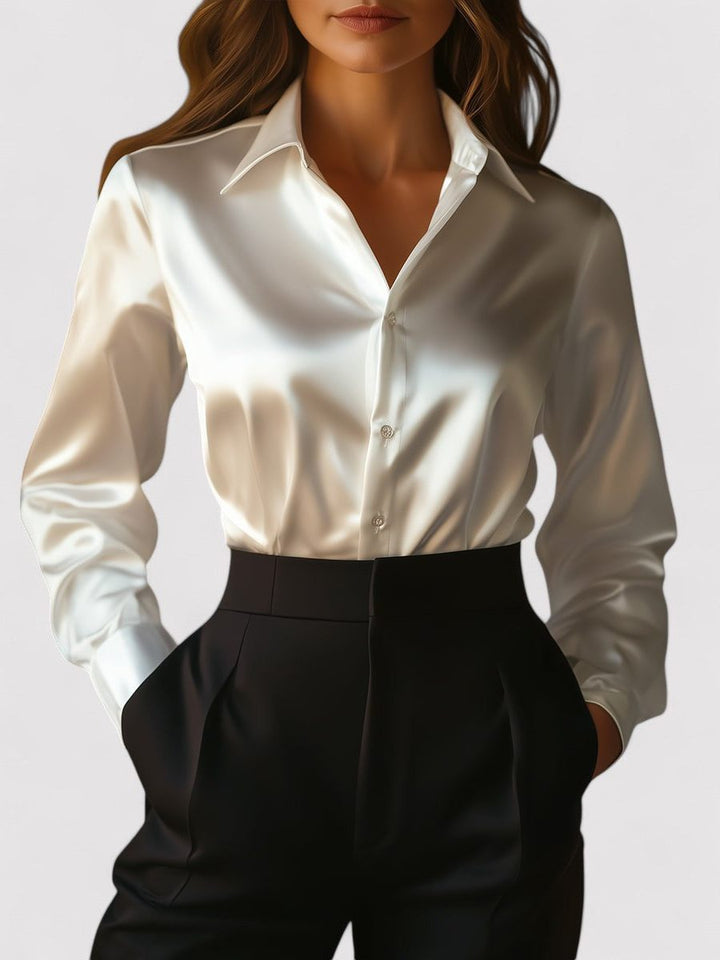 Zillaphine | Women's Linen Casual Satin Blouse, Button-Down Front — White