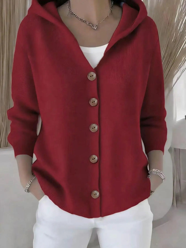 Zillastine | Women's Cozy Cardigan Sweater Hooded Simple Casual Knit — Burgundy