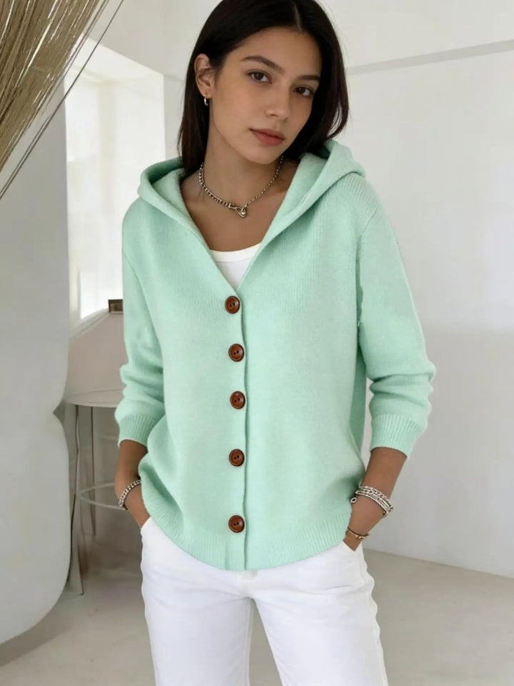 Zillastine | Women's Cozy Cardigan Sweater Hooded Simple Casual Knit — Light Green