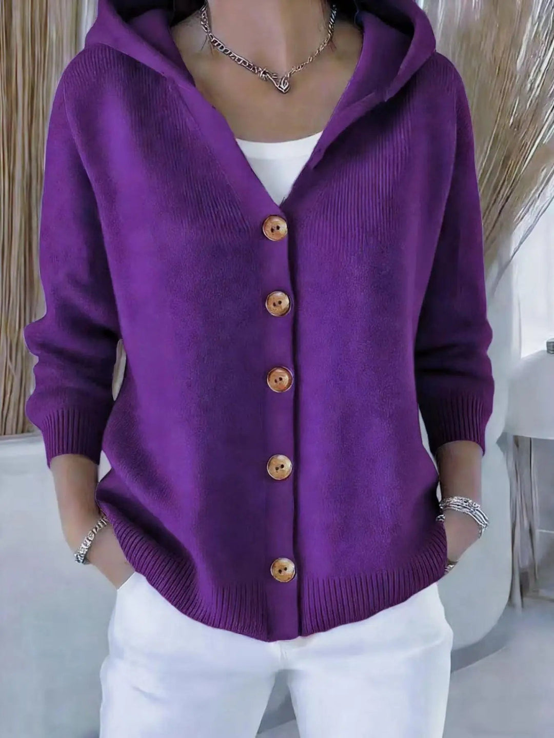 Zillastine | Women's Cozy Cardigan Sweater Hooded Simple Casual Knit — PURPLE