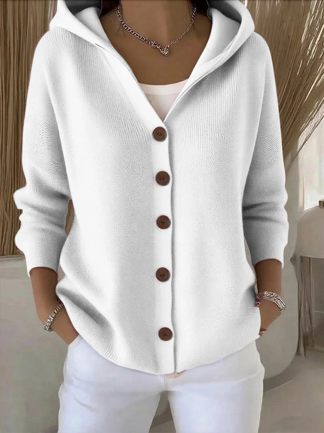 Zillastine | Women's Cozy Cardigan Sweater Hooded Simple Casual Knit — WHITE
