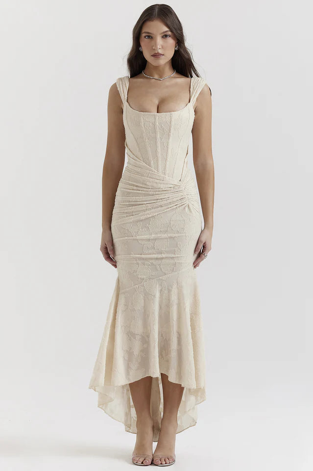 Zoralise | Women's Wedding Guest Elegant Maxi Dress with Floral Texture Dresses — Beige