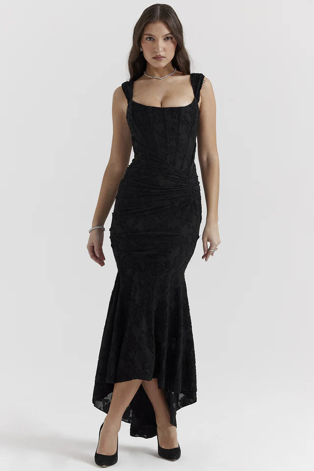 Zoralise | Women's Wedding Guest Elegant Maxi Dress with Floral Texture Dresses — Black