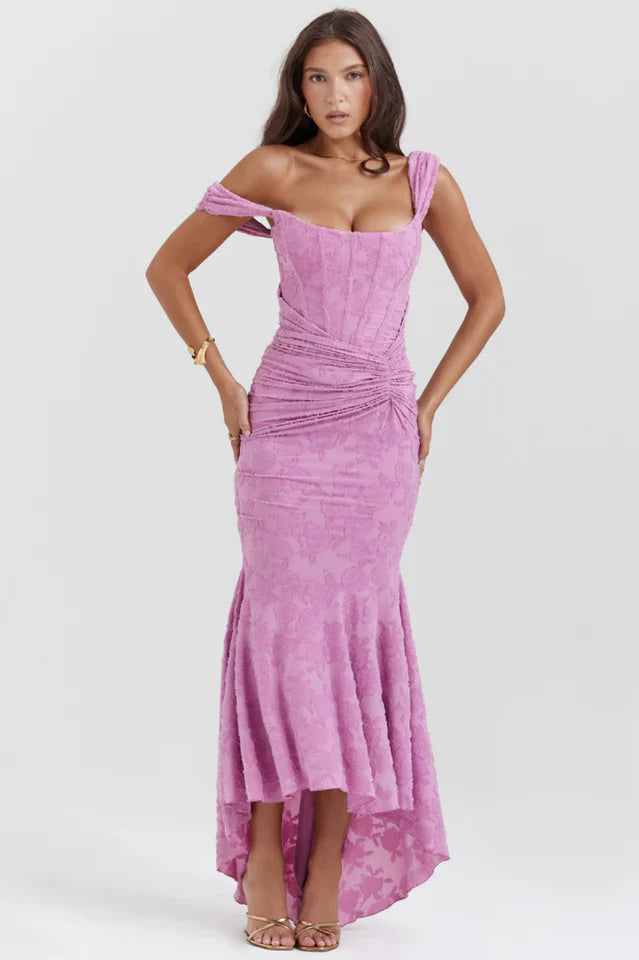 Zoralise | Women's Wedding Guest Elegant Maxi Dress with Floral Texture Dresses — Pink