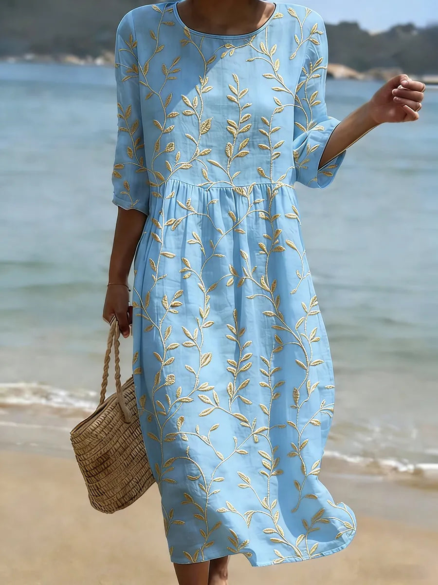 Zoralyn | Women's Elegant Leaf Vine Embroidered 3/4 Sleeve Smock Midi Dress — Sky Blue