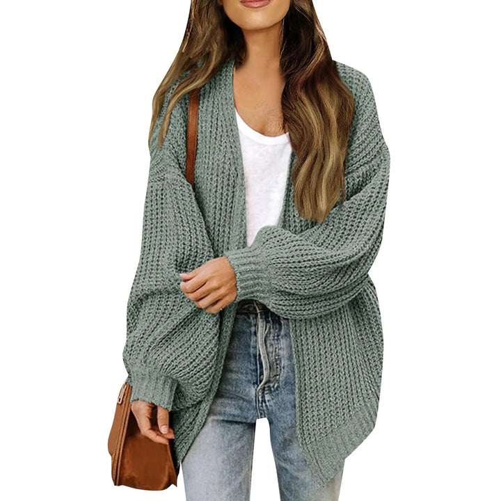 Zoraoura | Women's Cozy Cardigan Sweater Lantern Sleeve Thick Knit Long Sleeve — Bean Green