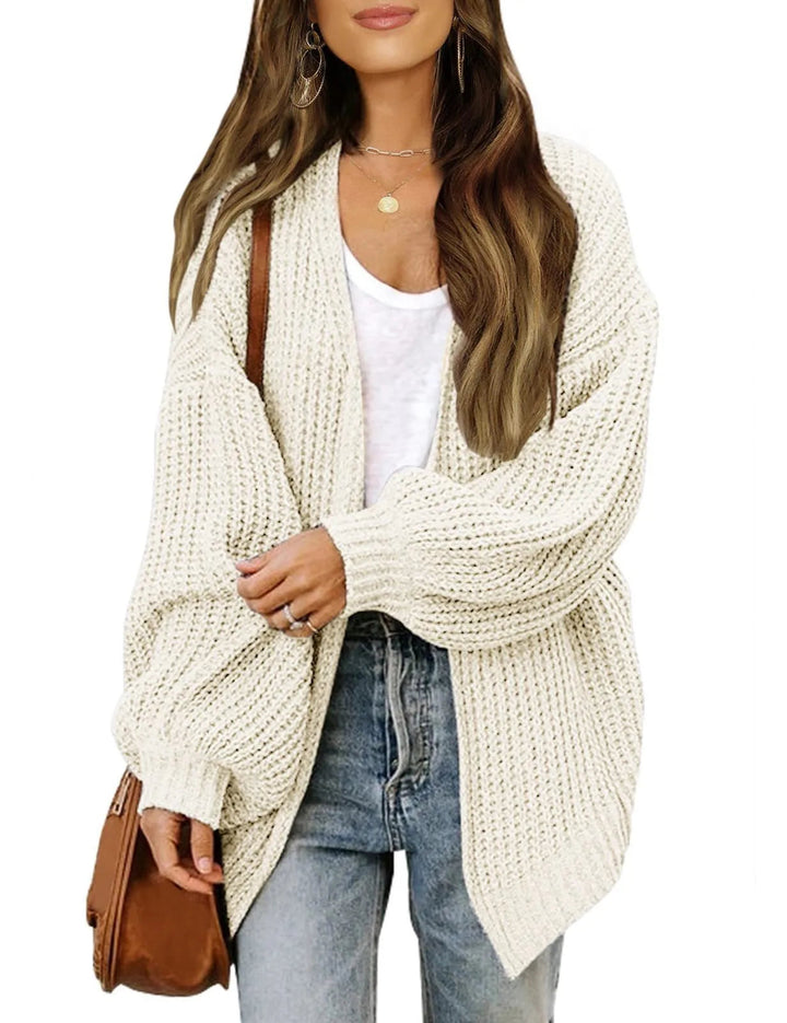 Zoraoura | Women's Cozy Cardigan Sweater Lantern Sleeve Thick Knit Long Sleeve — Beige