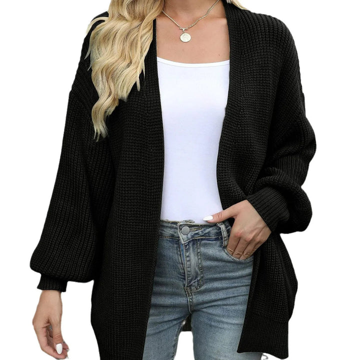 Zoraoura | Women's Cozy Cardigan Sweater Lantern Sleeve Thick Knit Long Sleeve — black