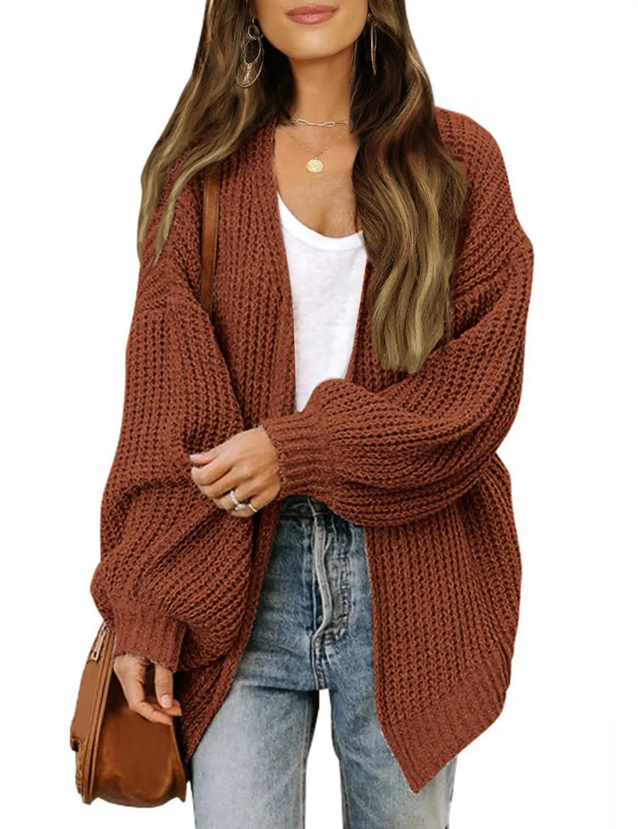 Zoraoura | Women's Cozy Cardigan Sweater Lantern Sleeve Thick Knit Long Sleeve — Caramel