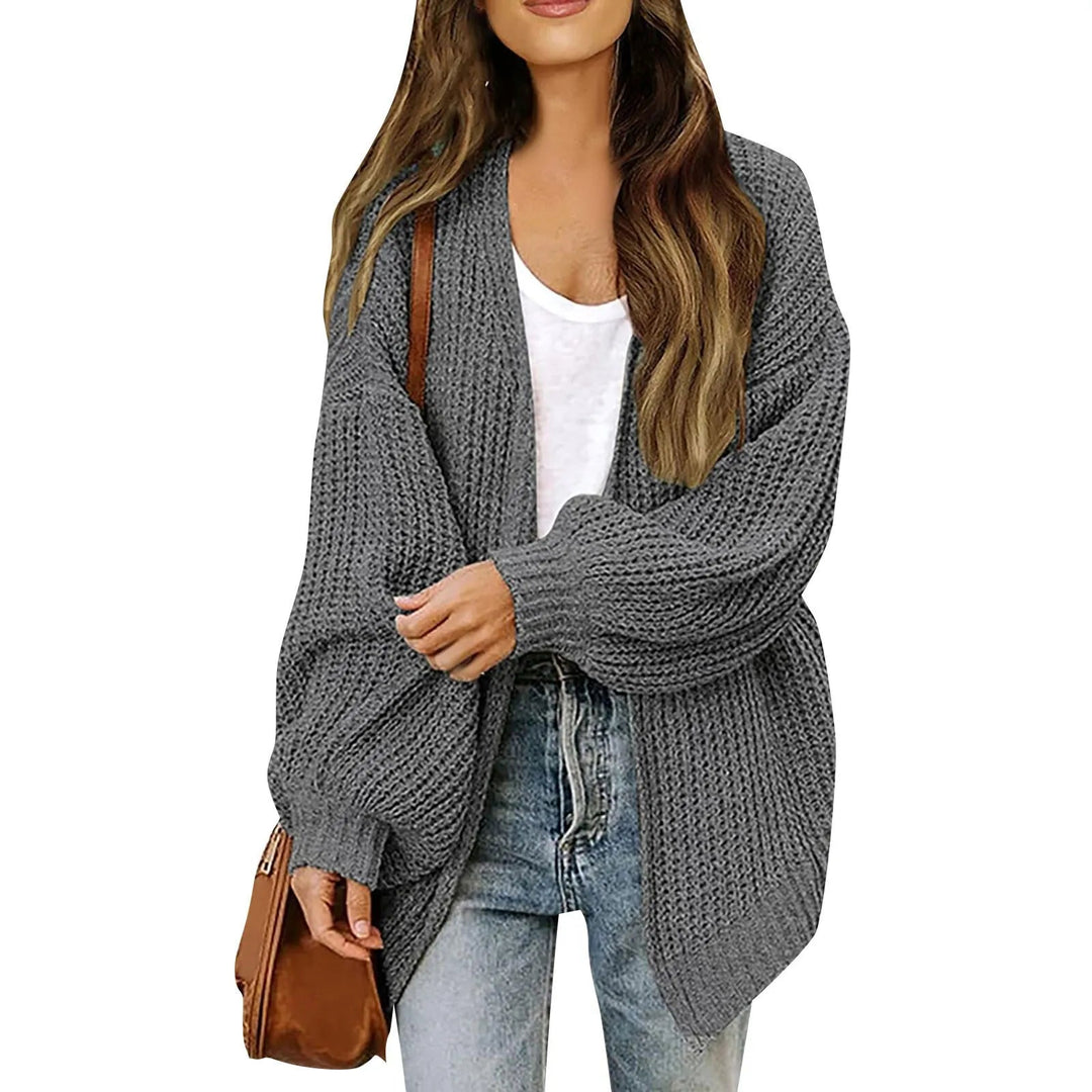 Zoraoura | Women's Cozy Cardigan Sweater Lantern Sleeve Thick Knit Long Sleeve — Dark Grey