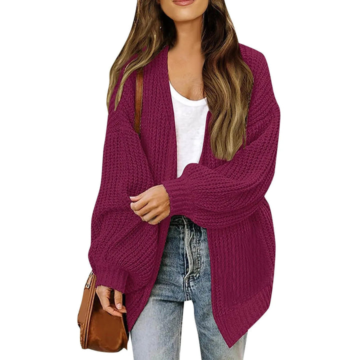 Zoraoura | Women's Cozy Cardigan Sweater Lantern Sleeve Thick Knit Long Sleeve — Fuchsia
