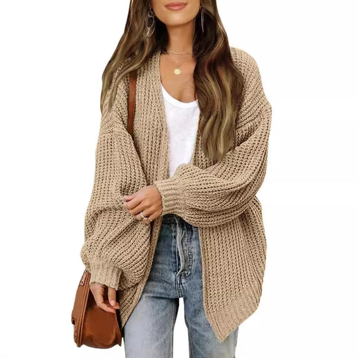 Zoraoura | Women's Cozy Cardigan Sweater Lantern Sleeve Thick Knit Long Sleeve — Khaki