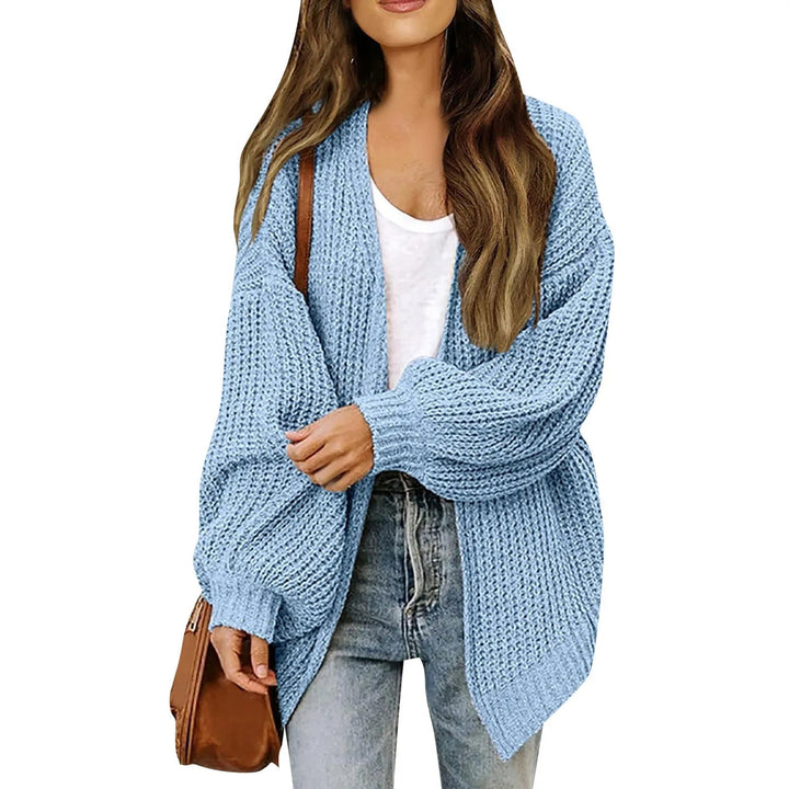 Zoraoura | Women's Cozy Cardigan Sweater Lantern Sleeve Thick Knit Long Sleeve — Light Blue