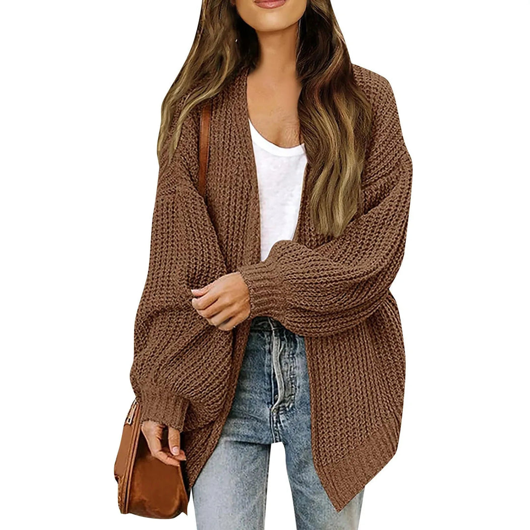Zoraoura | Women's Cozy Cardigan Sweater Lantern Sleeve Thick Knit Long Sleeve — light brown