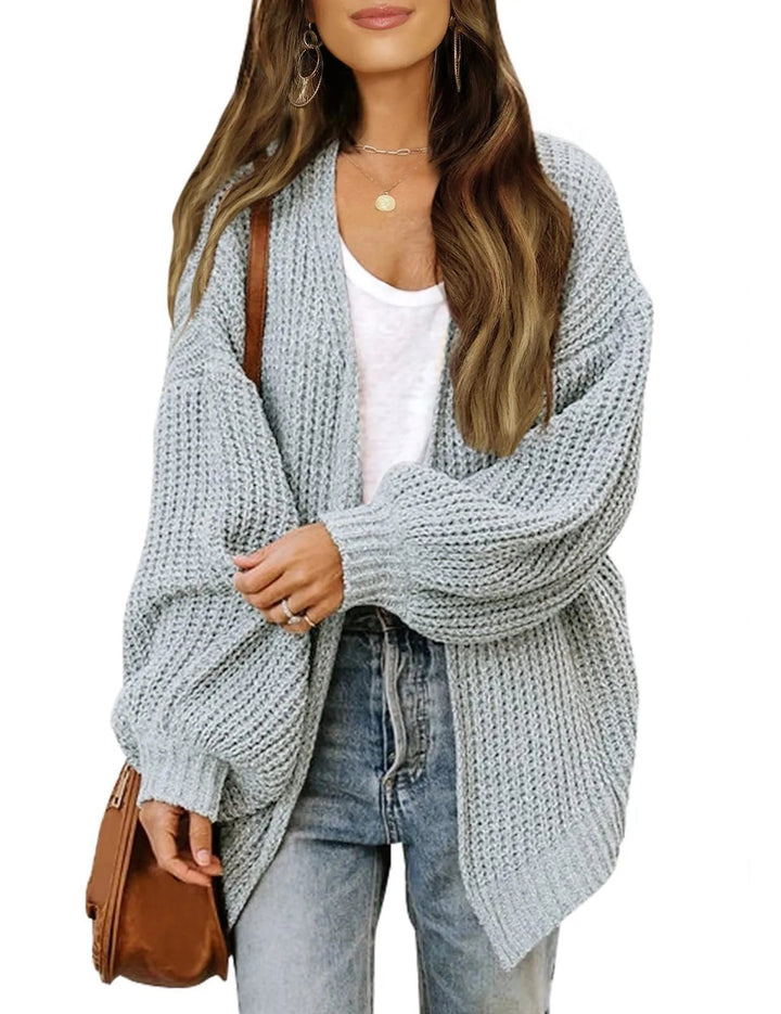 Zoraoura | Women's Cozy Cardigan Sweater Lantern Sleeve Thick Knit Long Sleeve — Light Grey