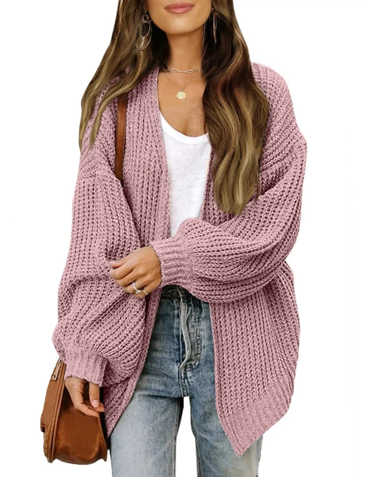 Zoraoura | Women's Cozy Cardigan Sweater Lantern Sleeve Thick Knit Long Sleeve — Pink