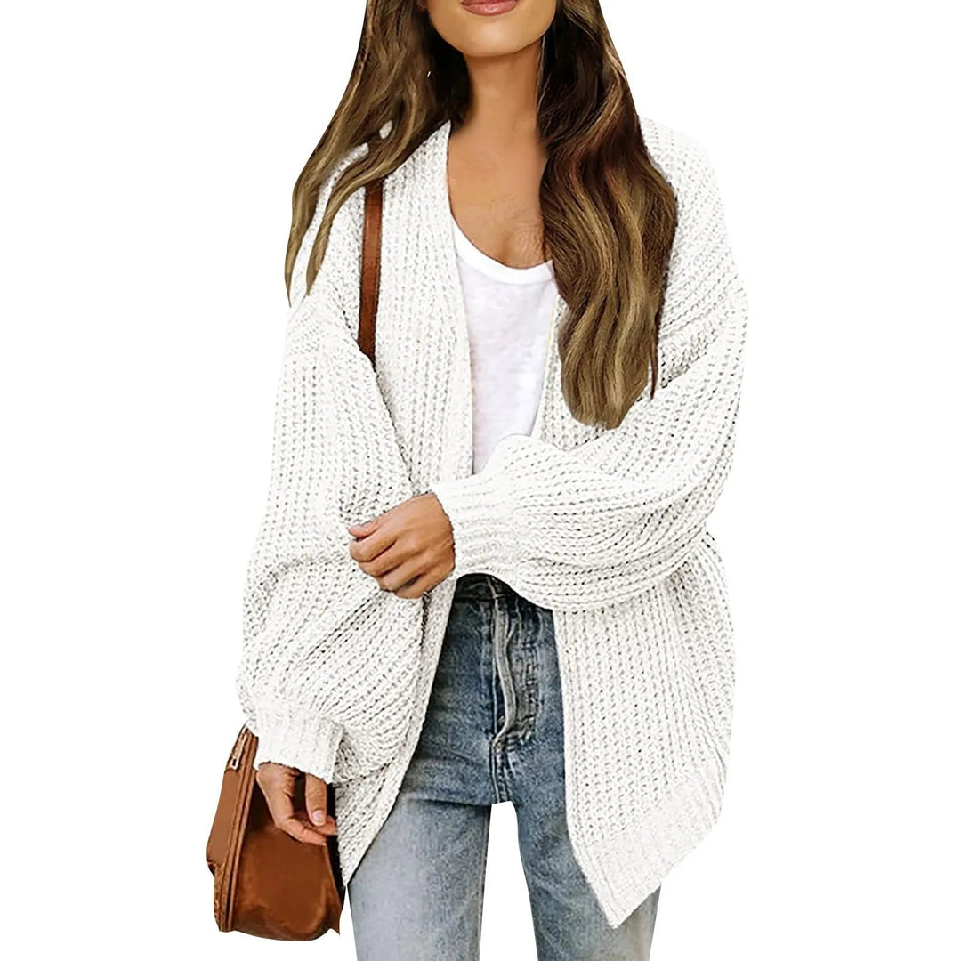 Zoraoura | Women's Cozy Cardigan Sweater Lantern Sleeve Thick Knit Long Sleeve — WHITE